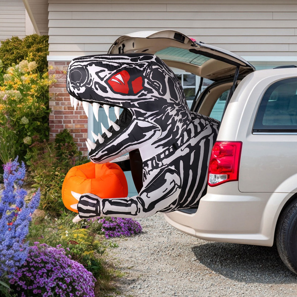 Ayieyill 3.6FT Halloween Inflatable Outdoor Decorations - Trunk or Treat Car Decorations - Halloween Blow Ups Animated Skeleton Dinosaur with LEDs for Halloween Outdoor Yard Decorations