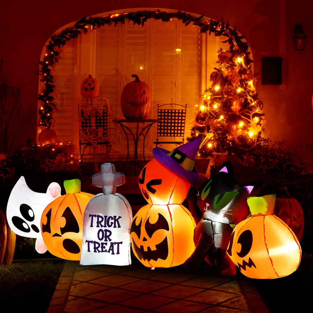 Joyfy 7 ft Halloween Inflatable Long Pumpkin with Witch's Cat Decorations Inflatables with Build-in LEDs,Halloween Decor Outdoor Blow Up Yard Decorations