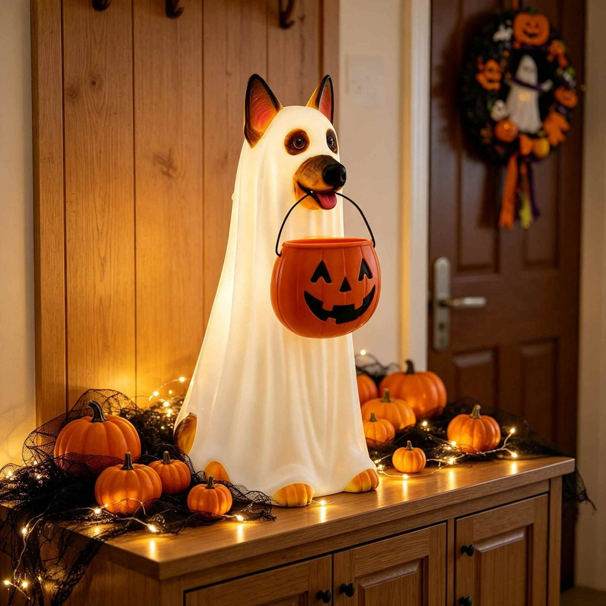 Ghost Dog,Ghost Decor,Halloween Light Up Ghost Dog Statue, LED Ghost Puppy Holding Pumpkin Candy Bucket, Waterproof Outdoor Decoration For Front Yard Porch Garden(White A 10in)