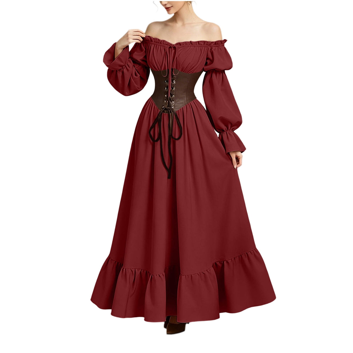 QATAINLAV Renaissance Costume Women Vintage Medieval Dress Cold Shoulder Short Sleeve Peasant Pirate Irish Maxi Dresses, Black, L