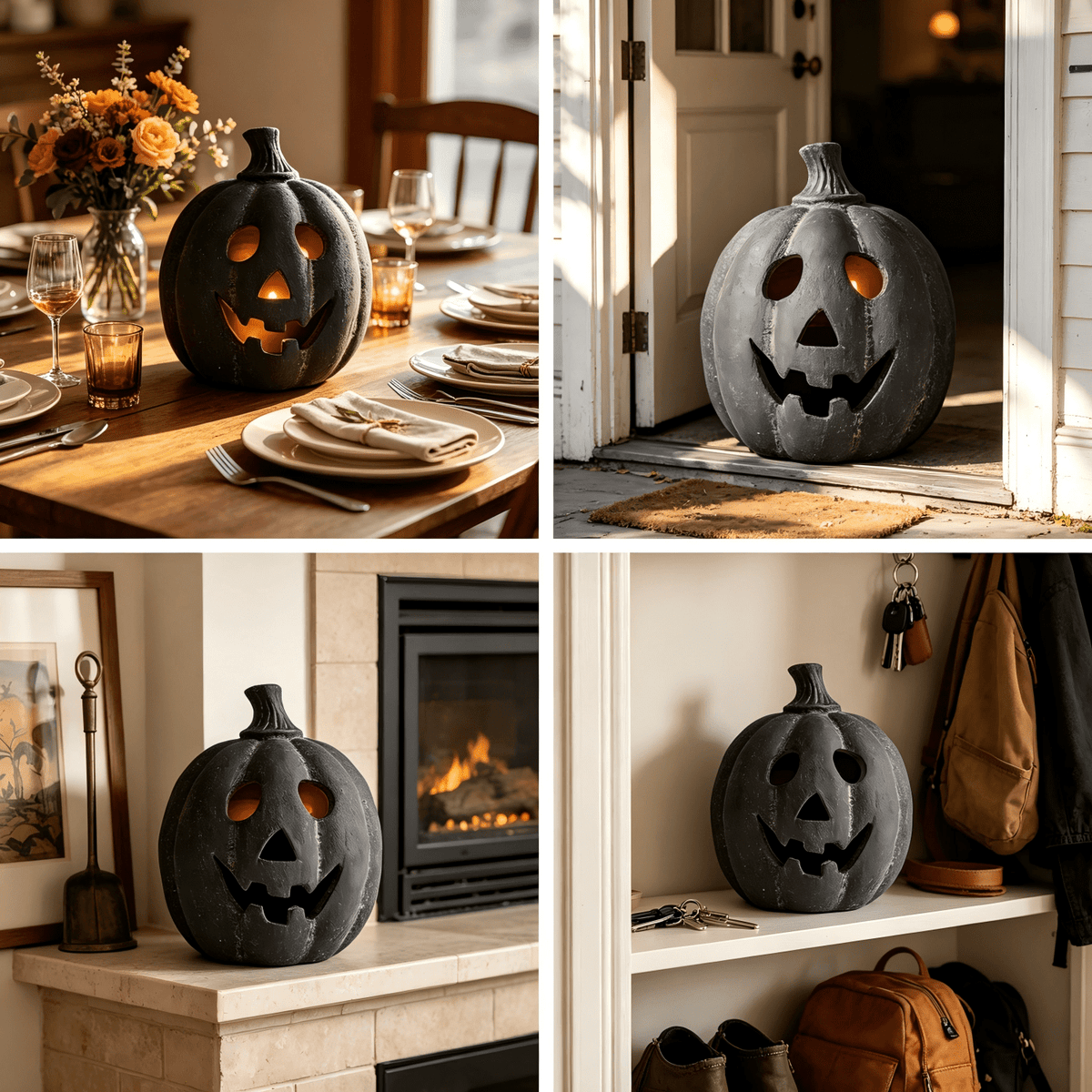 Halloween Decorations - 9.8" Black Handmade Resin Jack O Lantern Pumpkin Fall Decor, Indoor Outside Gothic Festival House Centerpiece Decoration for Table Garden Living Room Mantel