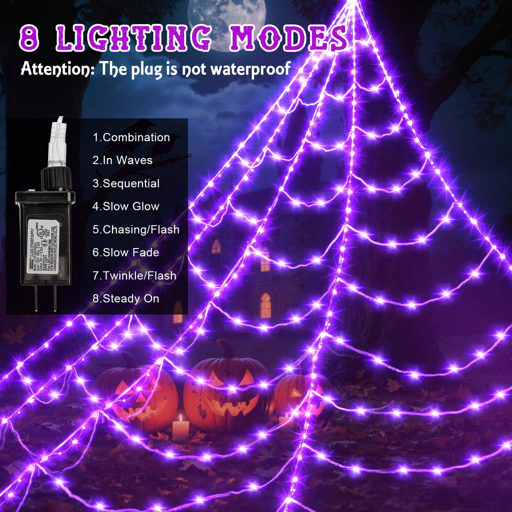 Scidweet Halloween Decorations Outdoor, 500 LED Halloween Giant Spider Web Lights for Garden Yard Porch Home Decor, Purple Orange