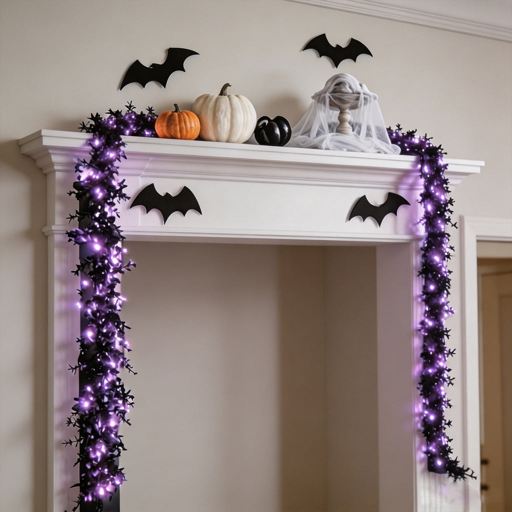 Halloween Garlands with Lights, 5.8 Ft Black Eucalyptus Garlands, Artificial Hanging Plants Vines, Faux Ferns Plant Fake Leaves Ivy Flowers Garlands for Garden Home Party Halloween Decorations Indoor