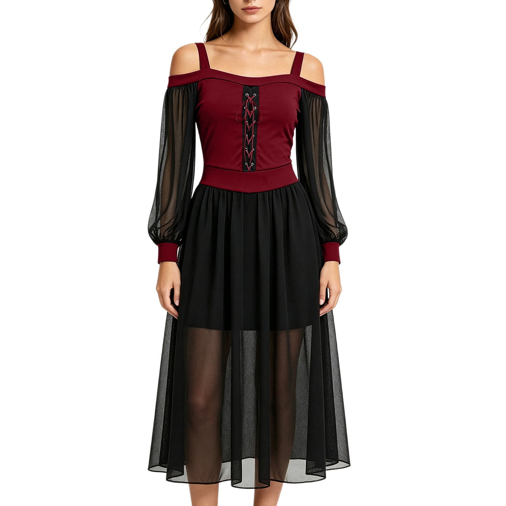 JOANKDMI Women's Gothic Midi Dress Elegant Vampire Costume Cold Shoulder Sheer Long Sleeve Lace-up Corset for Roleplay Halloween Party Outfit Chic, S-3XL
