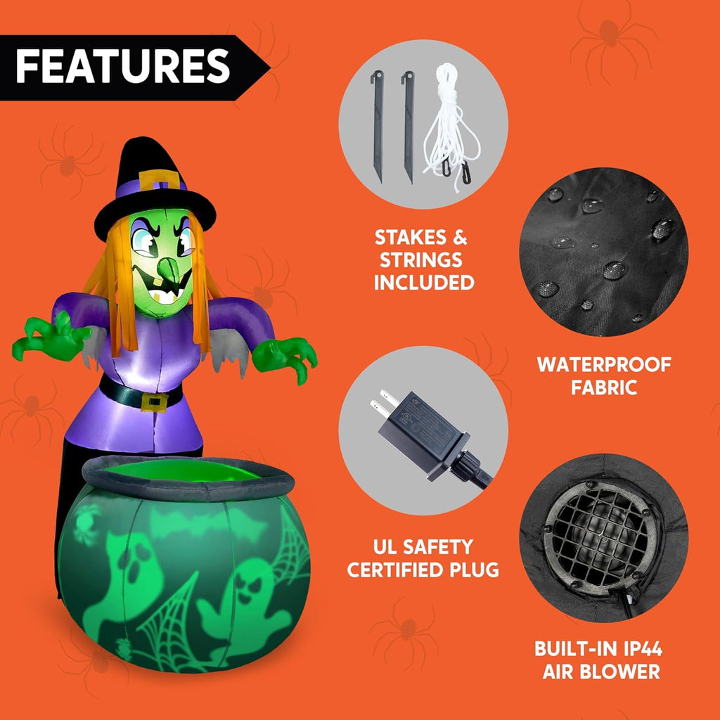 Joyfy 6 ft Halloween Inflatable Witch & Cauldron,Blow Up Decor with Rotating Green Ghost Projection Built-in LEDs,Outdoor Decoration for Party,Yard,Garden