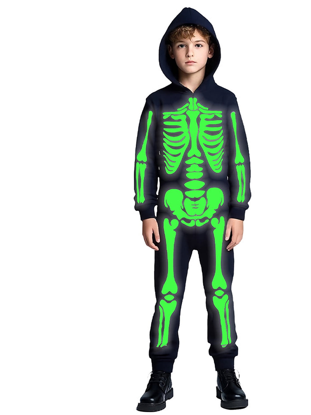 WIBACKER Glow-in-the-Dark Skeleton Costume for Boys and Girls, Halloween Fancy-Dress Jumpsuit Outfit for Children Aged 3-10 Years