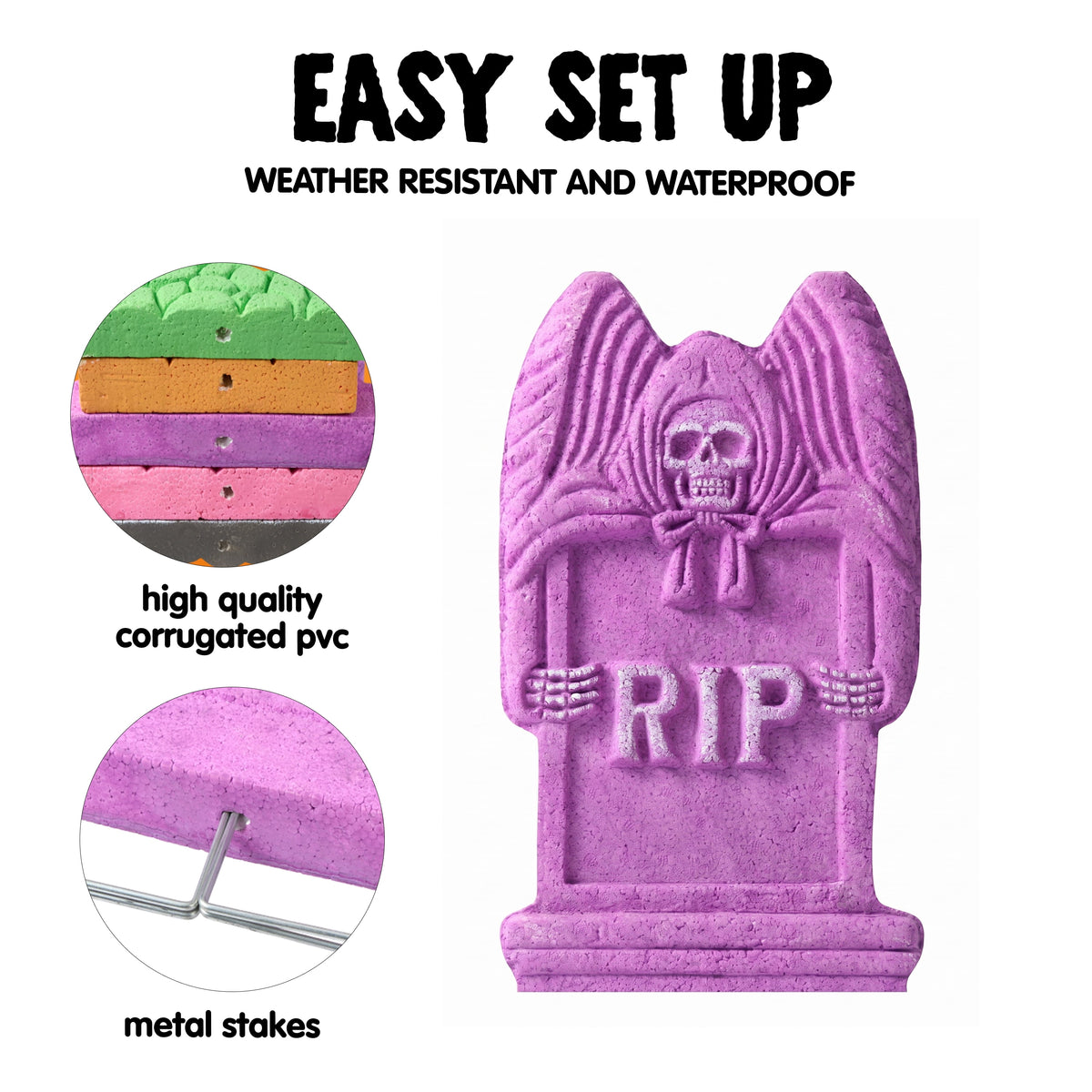 Joyfy 17" Halloween 5 Pack Tombstone Decorations, Foam RIP Graveyard Signs Cemetery Headstones Scary Outdoor Indoor Halloween Decor with 12 Metal Stakes for Easy Set Up, Waterproof for Garden Lawn