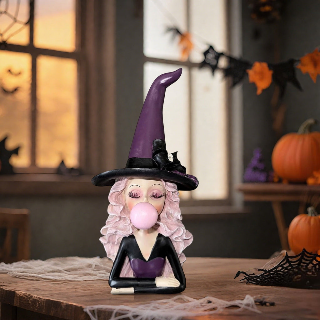 Halloween Decorations Clearance! Cute Kissing‑Face Witch Statue With Bow Hat & Mesh Skirt, Tabletop Ornament for Shelf Indoor Home Halloween Decor