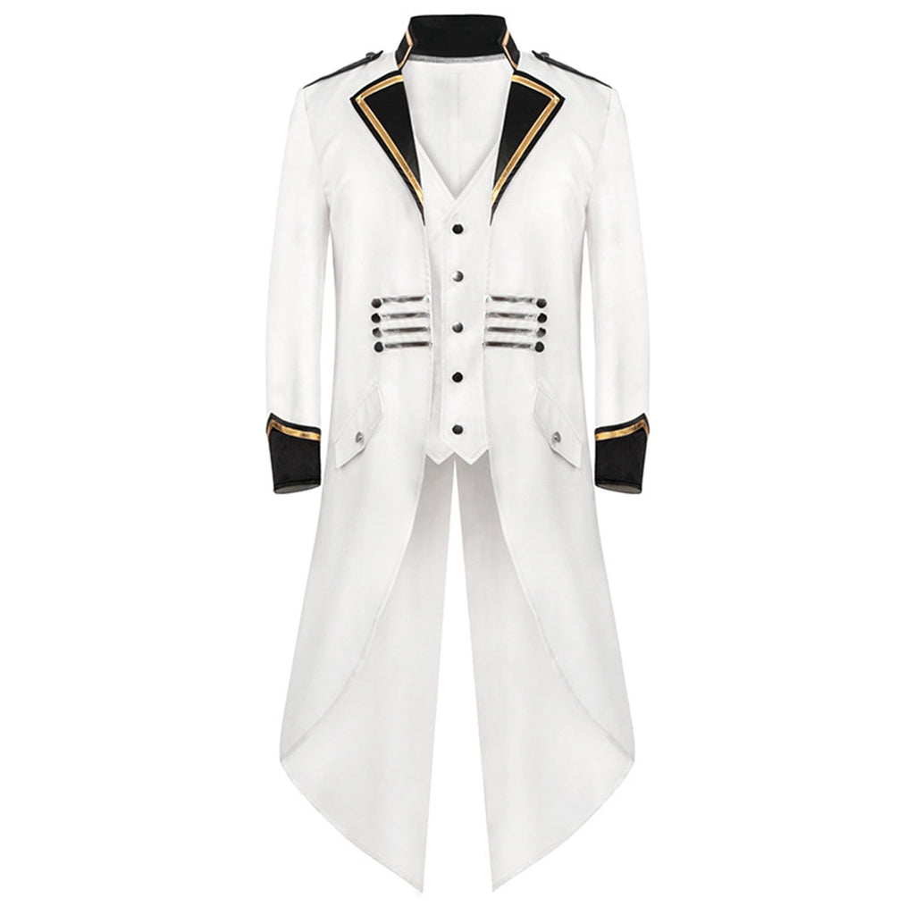 Odeerbi Mens Steampunk Tailcoat Gothic Medieval Jacket Frock Uniform Halloween Long Tuxedo Coat Retro Tailcoat Coat Lapel Court Slim Dress Coat White