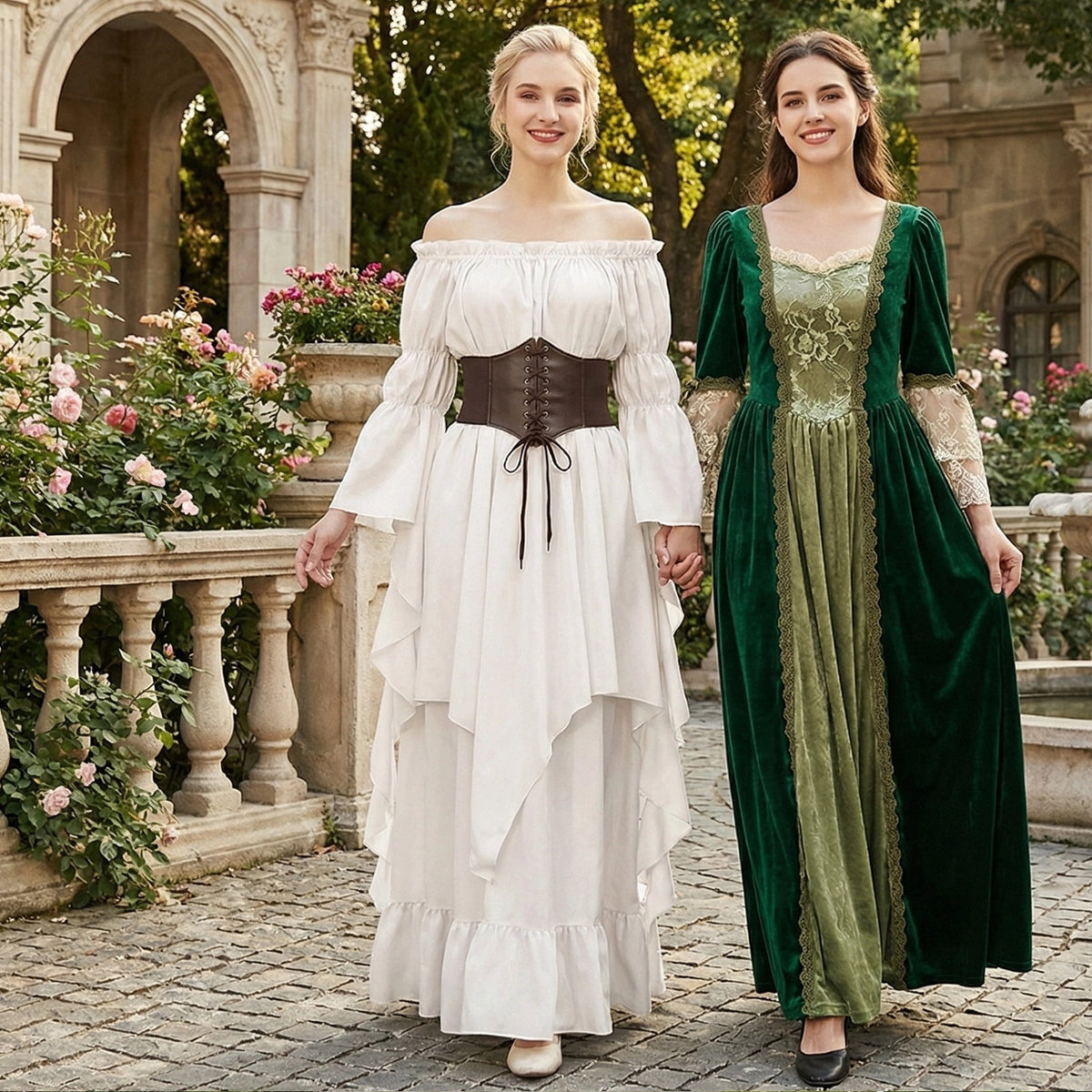 IROOZIGOTO Womens White Medieval Renaissance Maxi Dress Off Shoulder Long Flare Sleeve with Brown Lace Up Corset Belt Halloween Cosplay Costume