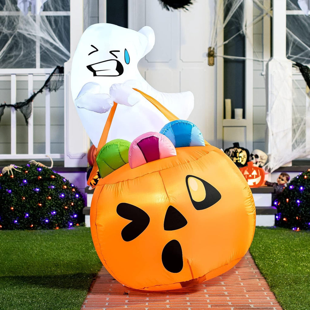 Joyfy 5ft Halloween Inflatables Light up Cute Ghost,Blow Up Ghost Lift Pumpkin Candy Bag with Build-in LEDs for Yard Decorations