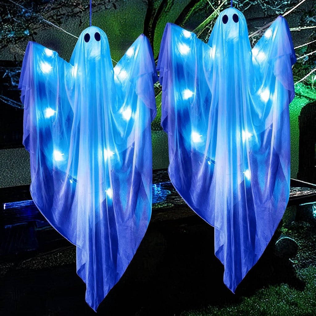 Joyfy 47" Halloween Hanging Light up Ghost Decorations Outdoor,White Ghosts with Blue LED Light and Timer Halloween Hanging Decoration Waterproof for Front Yard Patio Lawn