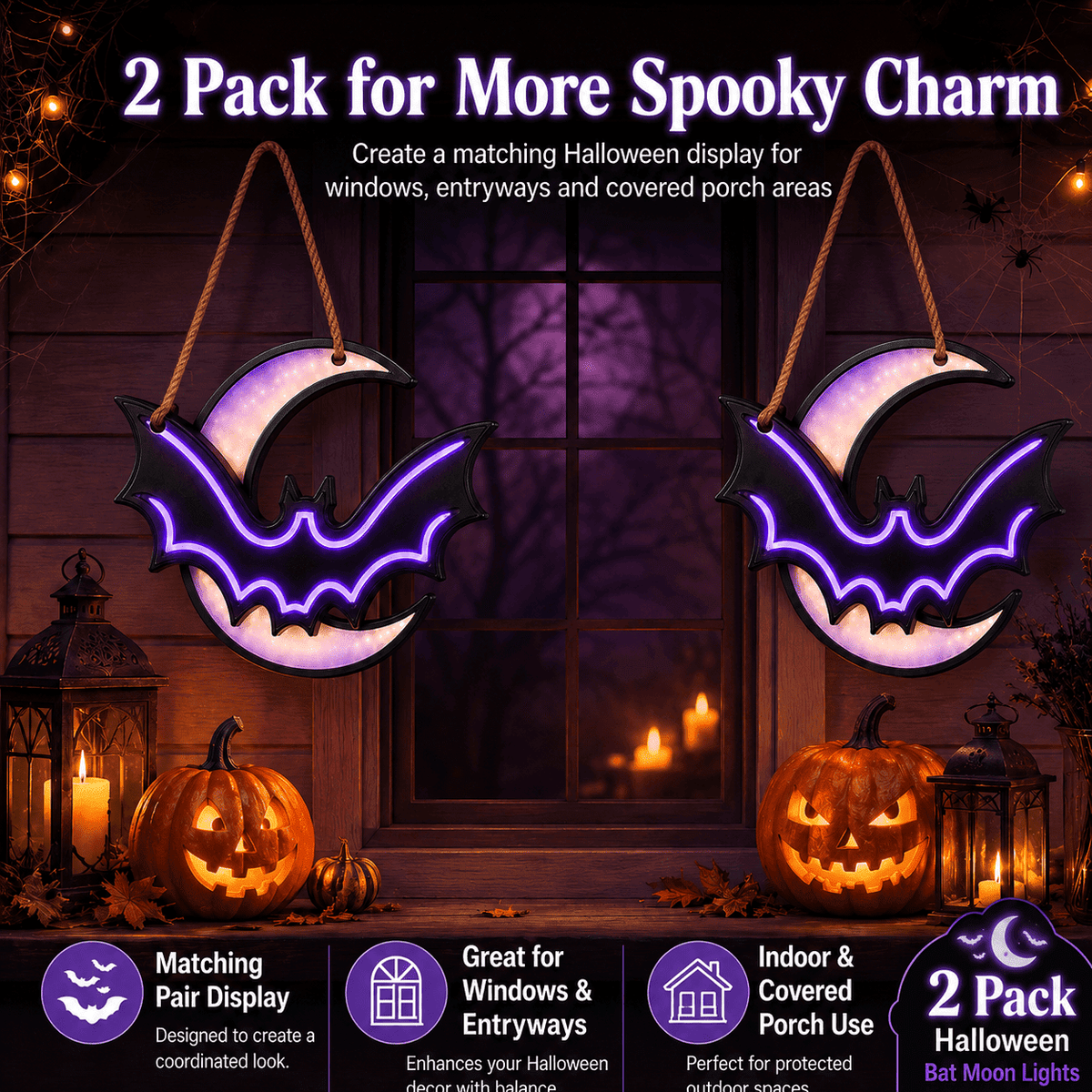 2 Pack Halloween Bat Moon Lights, Battery Operated Purple LED Hanging Decorations, Light Up Window Wall Decor for Indoor Covered Porch