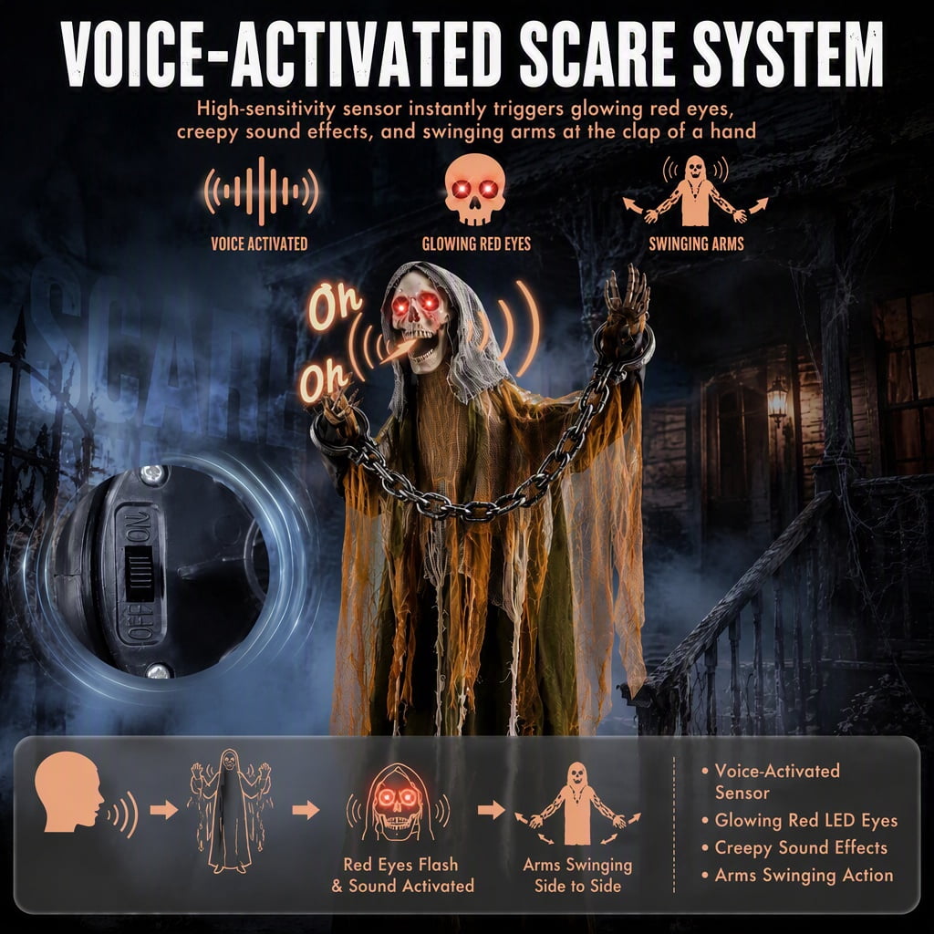 Weswose 6 Ft Animated Halloween Skeleton Prop - Sound & Touch Activated Animatronic with Glowing Head & Spooky Sounds, Outdoor Indoor Yard Decoration