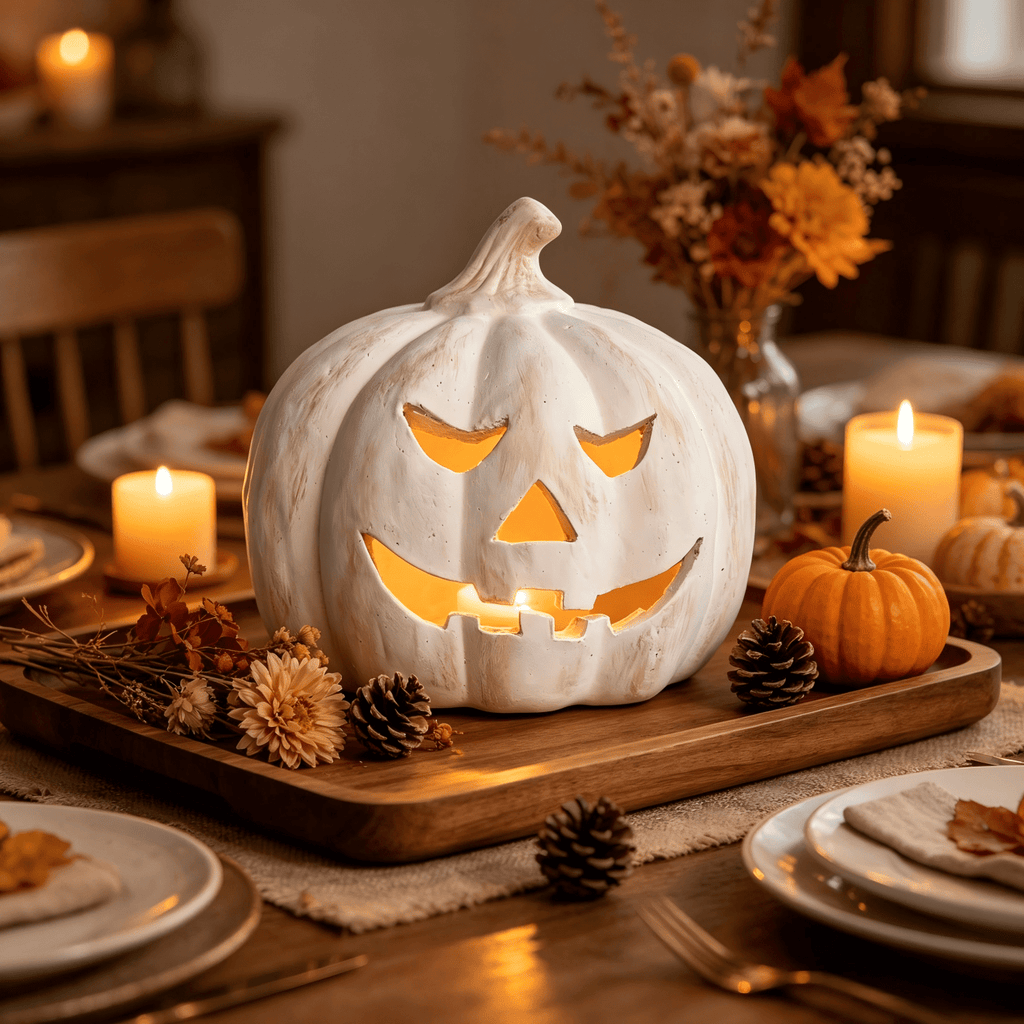 Fall Decor - Halloween Decorations - 5.9"H White Handmade Resin Pumpkin Jack O' Lantern with Flameless Candle - Outdoor Indoor Autumn Decoration for Table Centerpieces Porch Room Front Door