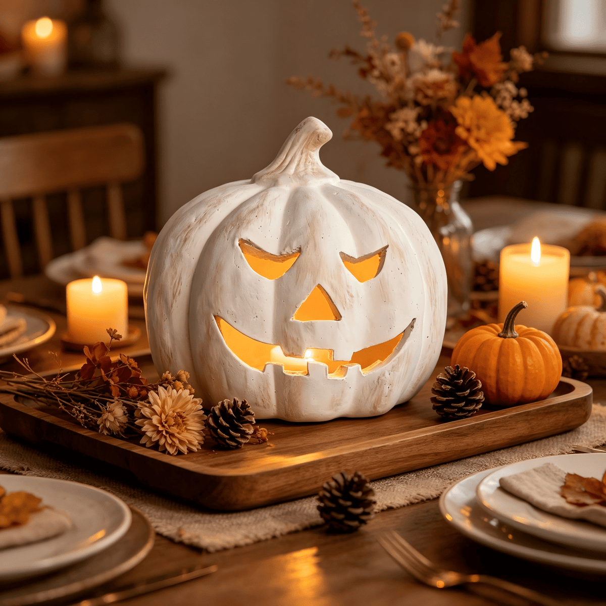 Fall Decorations for Home - Halloween Decor Indoor - 7.87" H White Handmade Resin Pumpkin Jack O' Lantern with Flameless Candle - Outdoor Decoration for Front Door Porch Mantel Kitchen Living Room