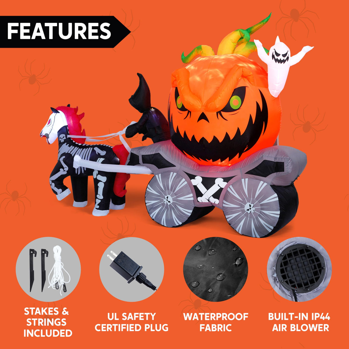 Joyfy 8ft Long Halloween Inflatables Outdoor Decorations,Spooky Pumpkin Carriage with Built-in LEDs,Blow Up Halloween Decoration for Yard