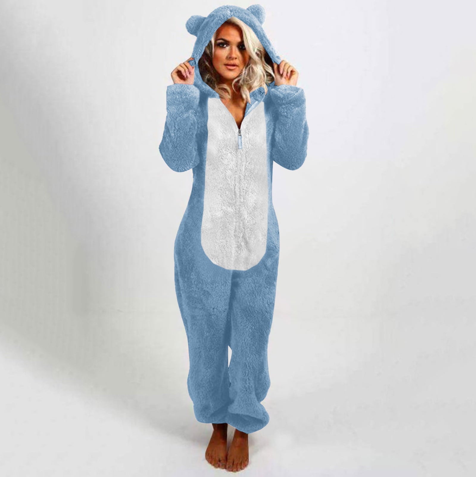 QATAINLAV Sherpa Fleece Jumpsuit for Women Winter Warm Fuzzy Onesie Pajamas Cute Cat Hooded Romper Casual Zip Up Overalls Sleepwear Black XL