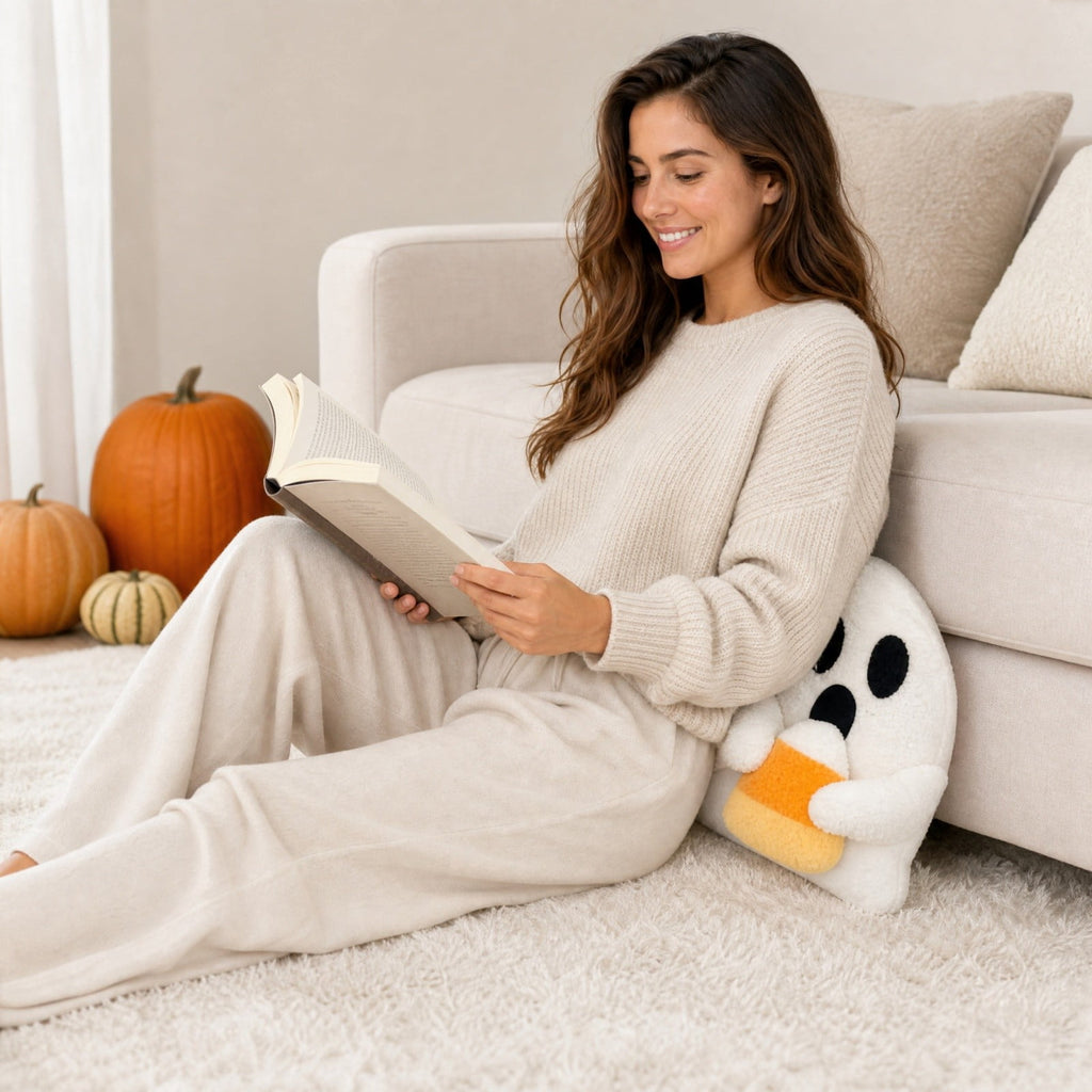 Halloween Ghost Reading Book Throw Pillow Cover, Spooky Library Bookshelf Skull Candlestick Decorative Pillowcase, Retro Halloween Cushion Cover