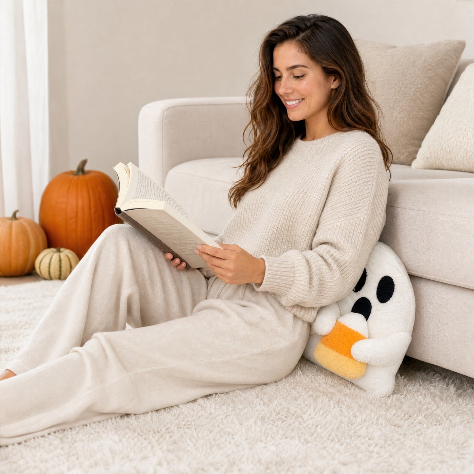 Halloween Ghost Reading Book Throw Pillow Cover, Spooky Library Bookshelf Skull Candlestick Decorative Pillowcase, Retro Halloween Cushion Cover