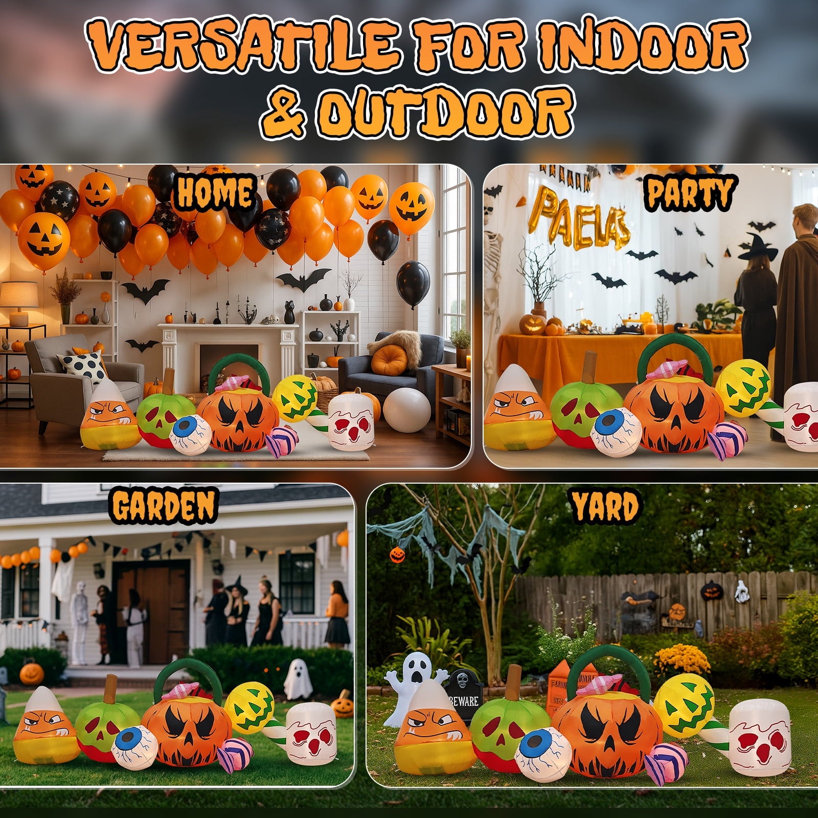 8FT Long Halloween Inflatables Pumpkins Eyeball Candy Outdoor Decorations, Blow Up Yard Decoration with Built-in LEDs Lighted for Lawn Garden Outside Indoor Decor