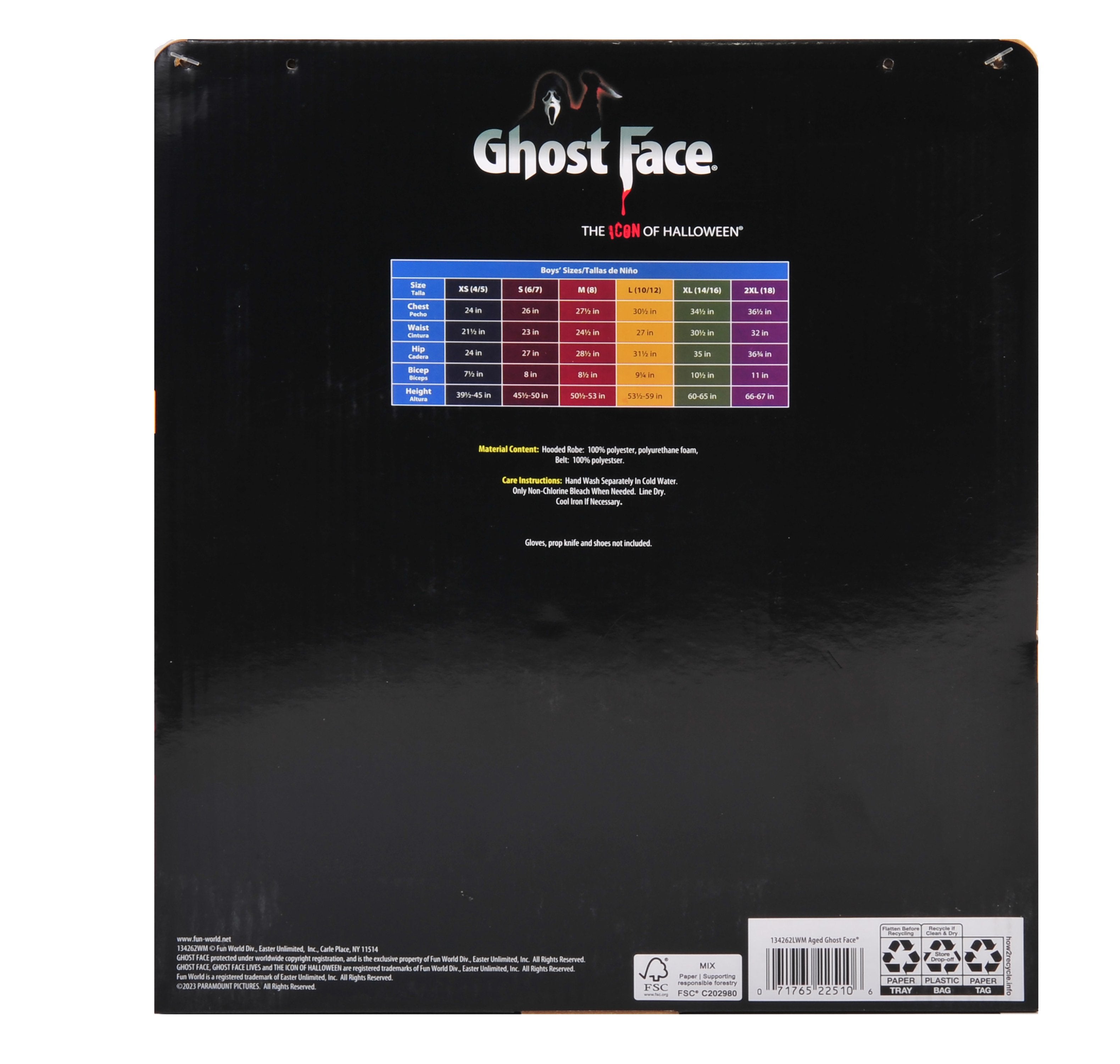 Aged Ghostface 2pc, Halloween Costume for Children, Boys Size L (10/12), by Fun World