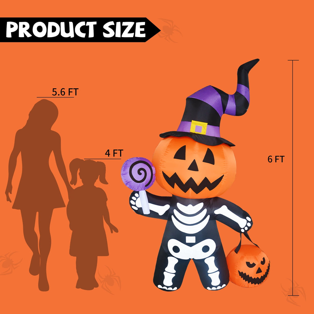 GOOSH Halloween Inflatables 6 FT Halloween Pumpkin Inflatable with Skull Body, Scary Blow Up Halloween Pumpkin Decoration with LED Lights, Outdoor Halloween Decorations Clearance for Holiday Party