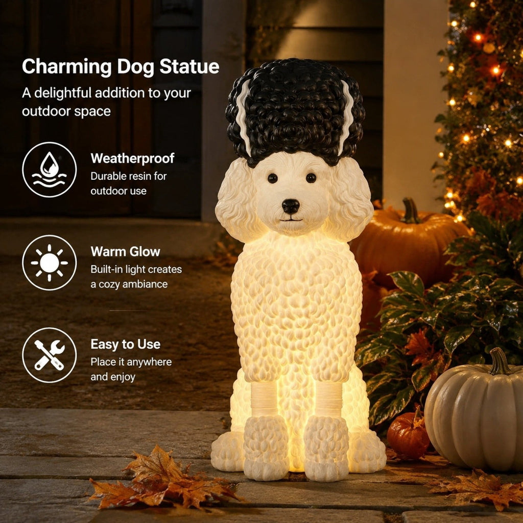 Halloween Ghost Dog Figurine, LED Light Statue, Yard Garden Decor, Treat Bucket Detail and Standing Sturdy Build for Front Porches, Garden Walkways and Tabletop Displays.