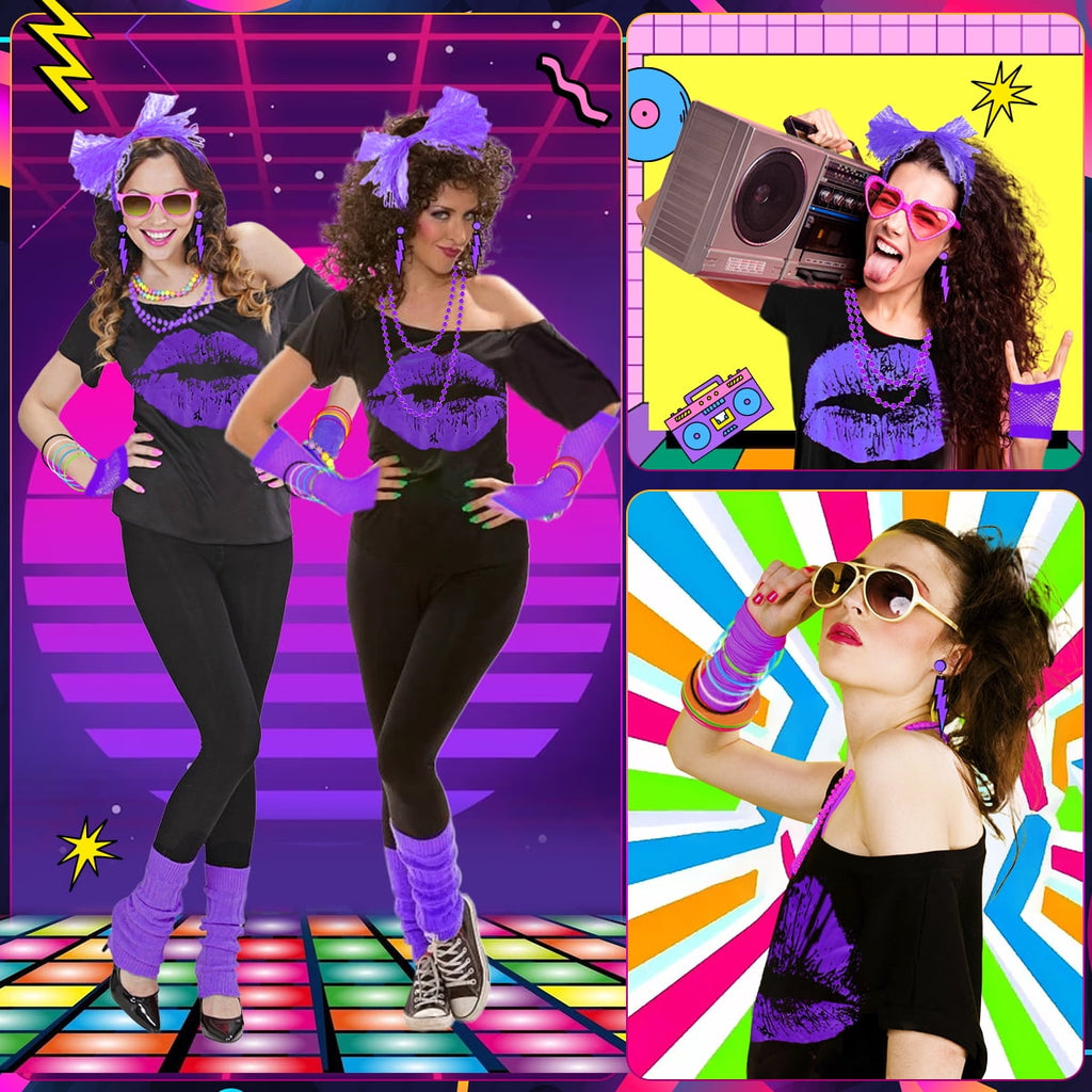 80s Costume for Women,80's Off Shoulder T-Shirt Headband Earring Necklace Fishnet Gloves Legwarmers for Women 80s outfit for 80s Party 22PCS