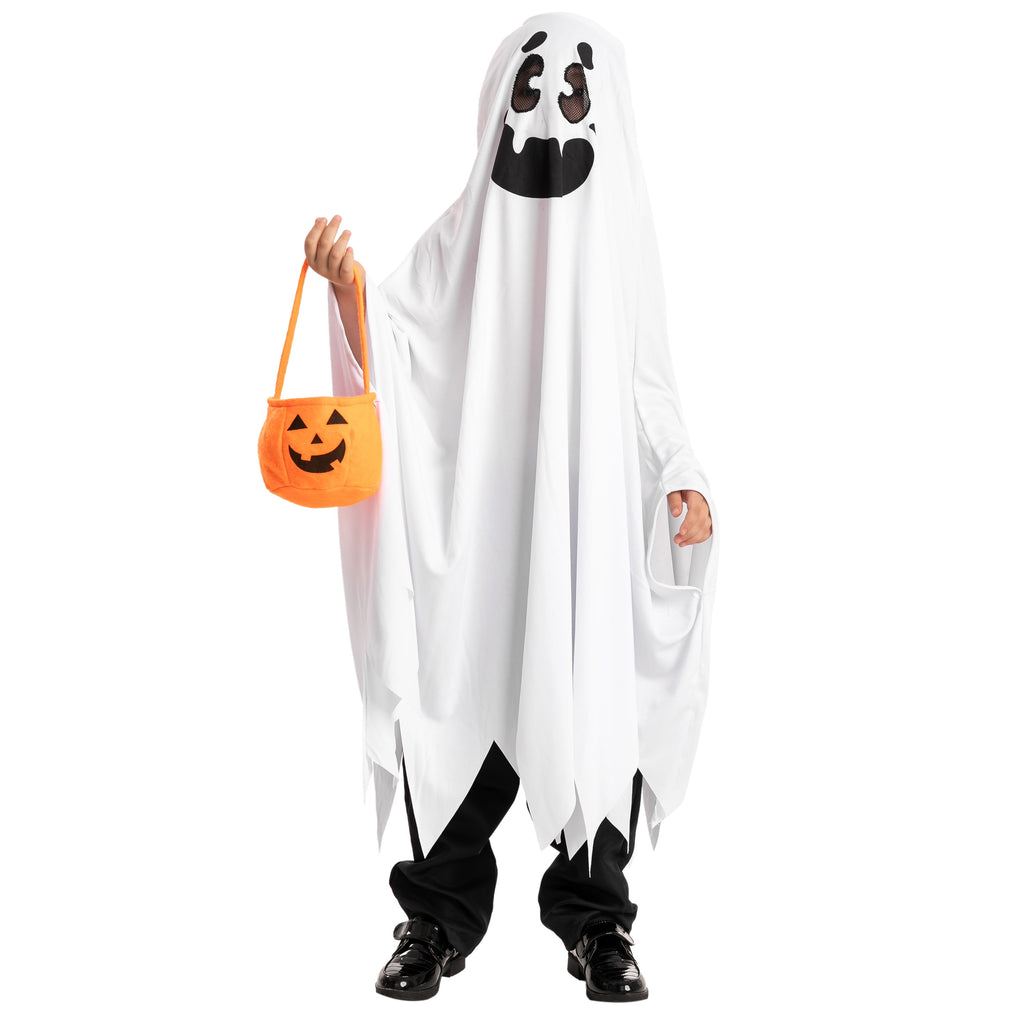 Joyfy Kids Ghost Costume, Halloween Ghost Costume, White Silent Ghost Costume with Pumpkin Bag for Toddler Boys Girls Halloween Party Dress Up Cosplay
