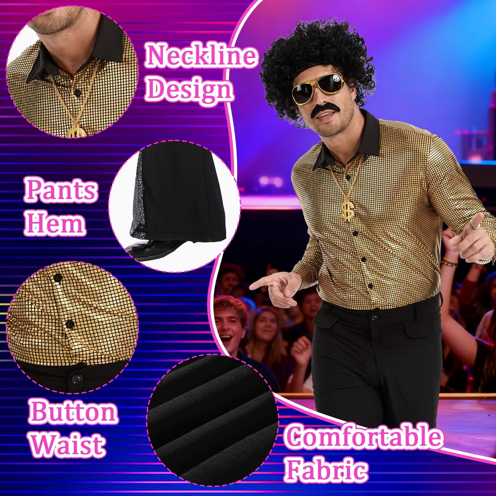 MYATED 70s Disco Costume for Men 6 Pcs Dance Bell Bottom Pants Retro Shirts Wigs Sunglasses Necklace Shirts for Disco Party (Black,L)