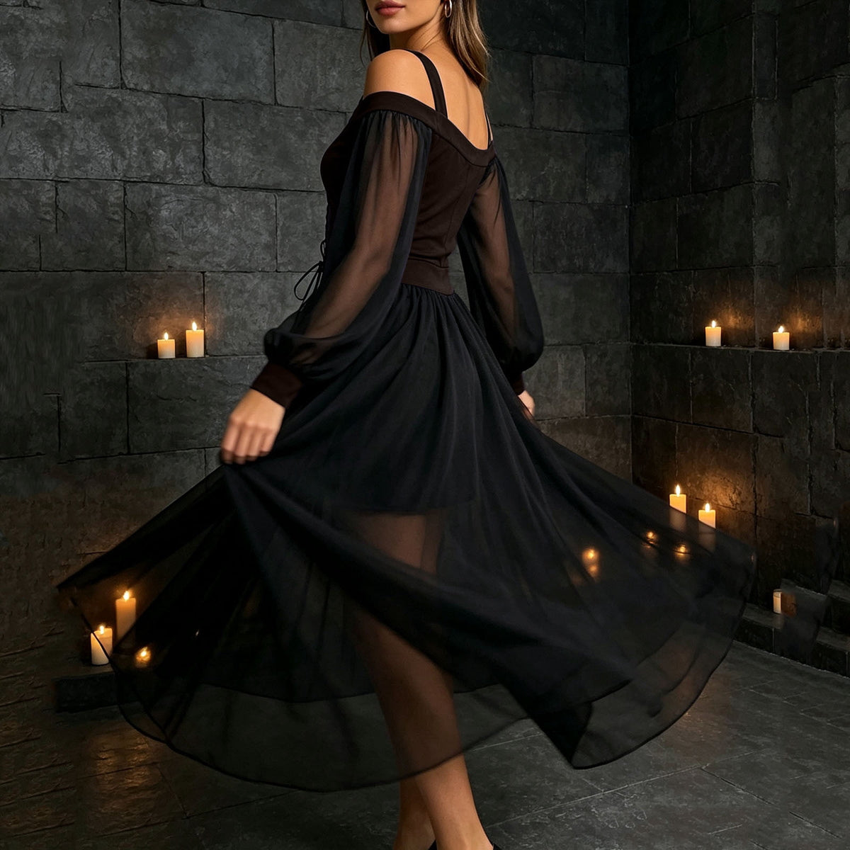 JOANKDMI Women's Gothic Midi Dress Elegant Vampire Costume Cold Shoulder Sheer Long Sleeve Lace-up Corset for Roleplay Halloween Party Outfit Chic, S-3XL