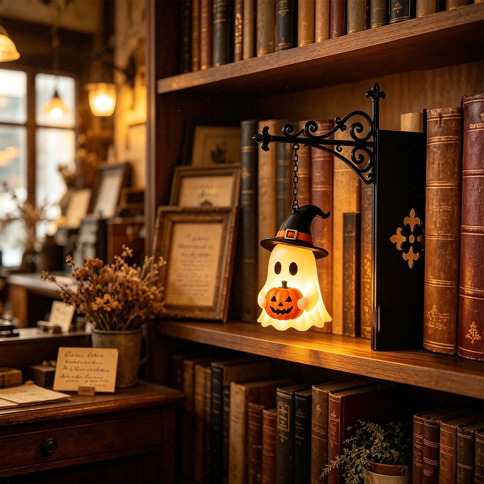 Halloween Ghost Library Lantern Decorative Bookshelf Lighting, Reading Book Shelf Lights for Study Reading Corner Home Library Gift for Book Lovers Bookworms