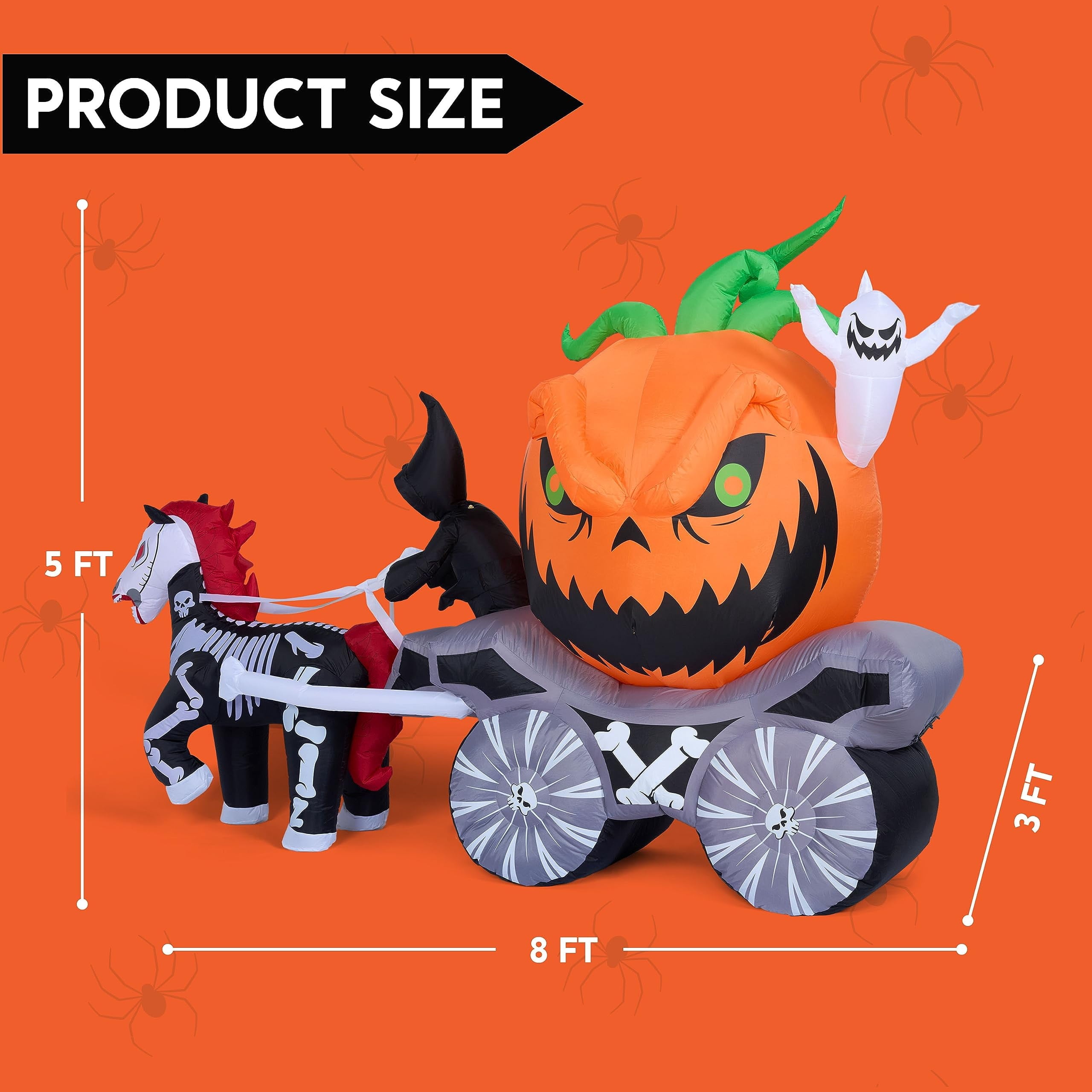Joyfy 8ft Long Halloween Inflatables Outdoor Decorations,Spooky Pumpkin Carriage with Built-in LEDs,Blow Up Halloween Decoration for Yard