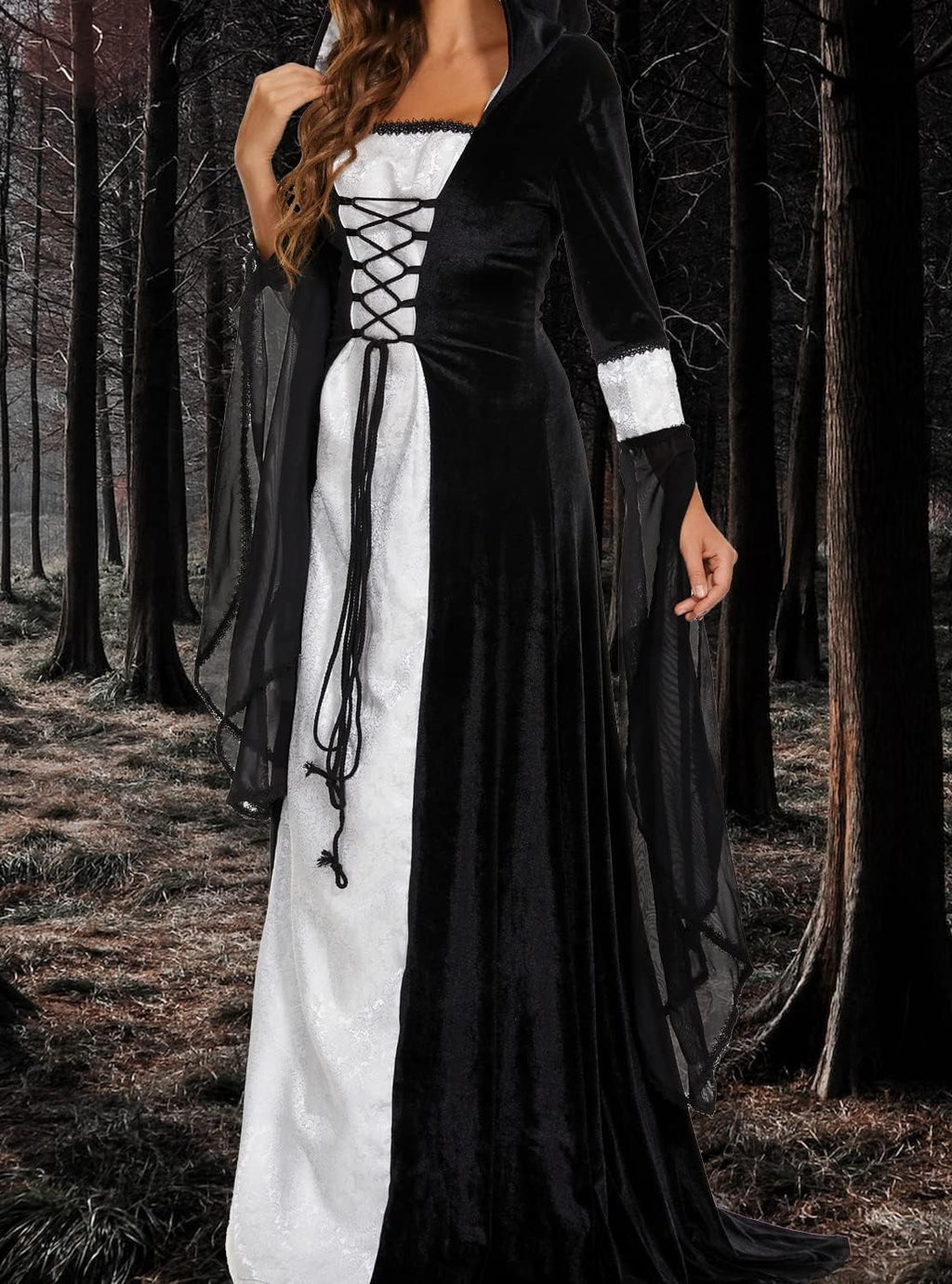 Halloween Witch Costume Women, Deluxe Witch Dress Costume, Vintage Embroidered Renaissance Gothic Hooded Vampire Gown Dress Cosplay Costumes Black M