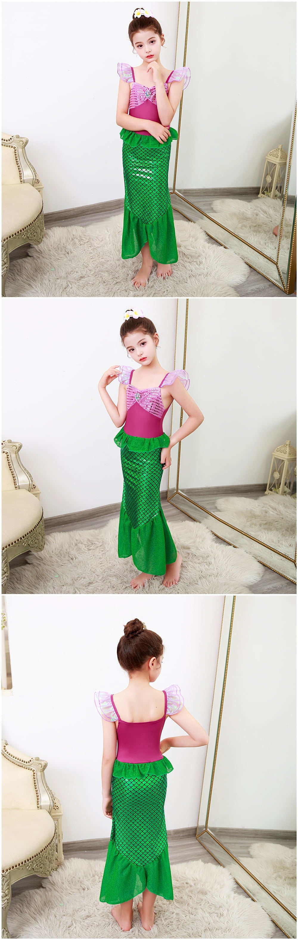 Princess Mermaid Costume for Girls Ariel Dress up Kids Cosplay Outfit with Accessories 2-10Years