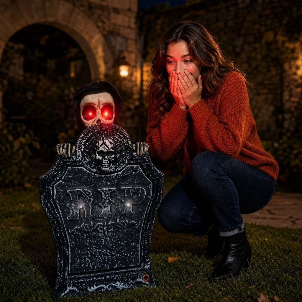 EWASWON Halloween Animated Tombstone, Motion Activated Gravestone with Rising Skeleton, Glowing LED Eyes & Scary Sounds, Outdoor Yard Decoration