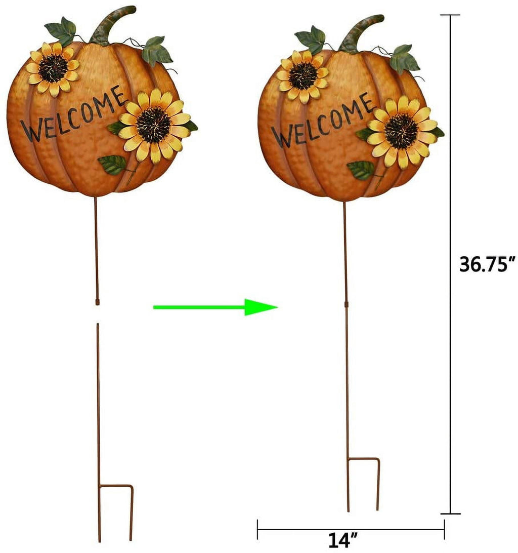 Pumpkin Garden Stake Metal Welcome Sign Fall Decor, Decorative Pumpkin Yard Garden Dcor Outdoor for Autumn Harvest Thanksgiving Halloween Rustic Pumpkin Decoration for Home (1, 14inX36.75in)