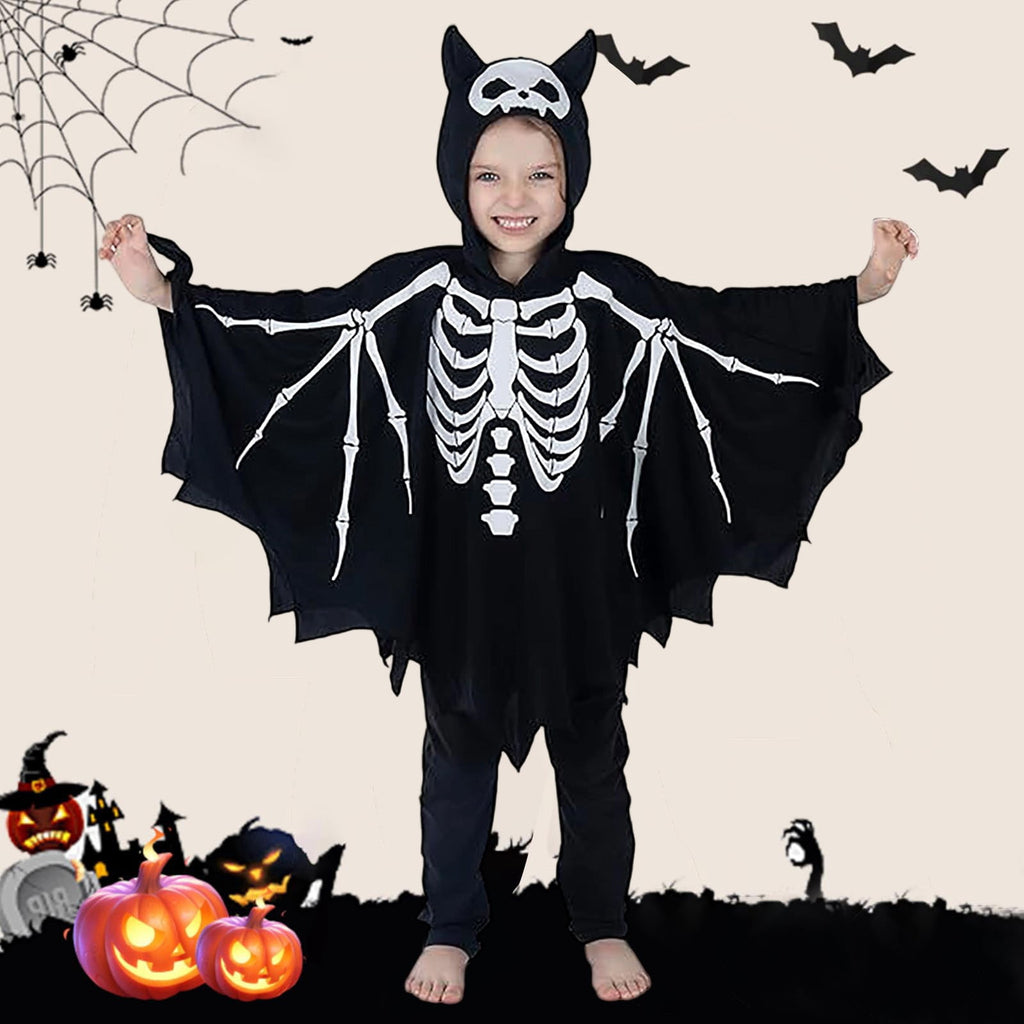 TBWNWG Halloween Boys Skeleton Jumpsuit Scary Bone Outfit Kids Party Cosplay Theme Dress Up Bat Hooded Unisex Long Sleeve,Sizes 5-6 Years