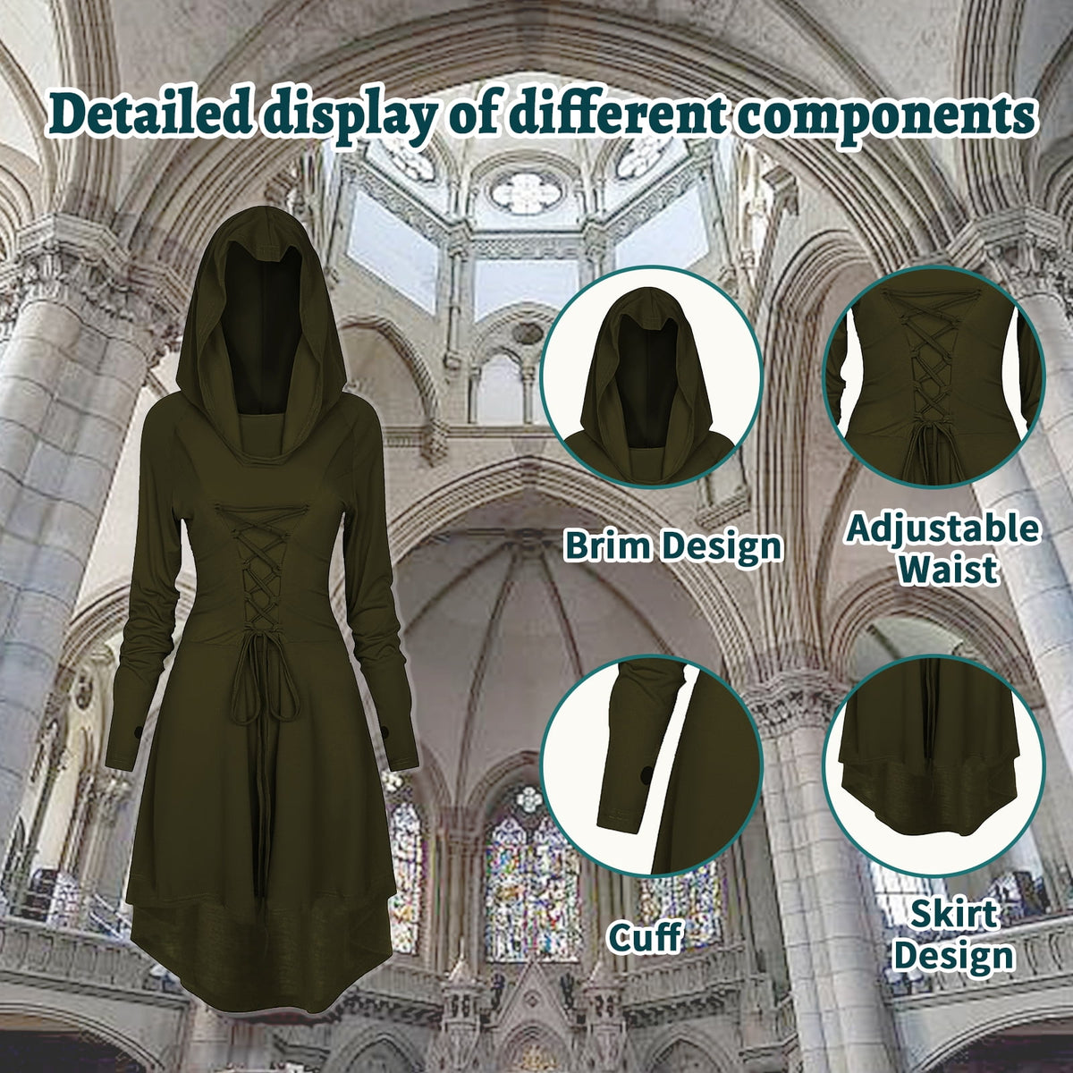 WASFDN Womens Renaissance Costumes Hooded Robe Lace Up Renaissance Dress Women Halloween Vintage Medieval Cloak(Green,L)