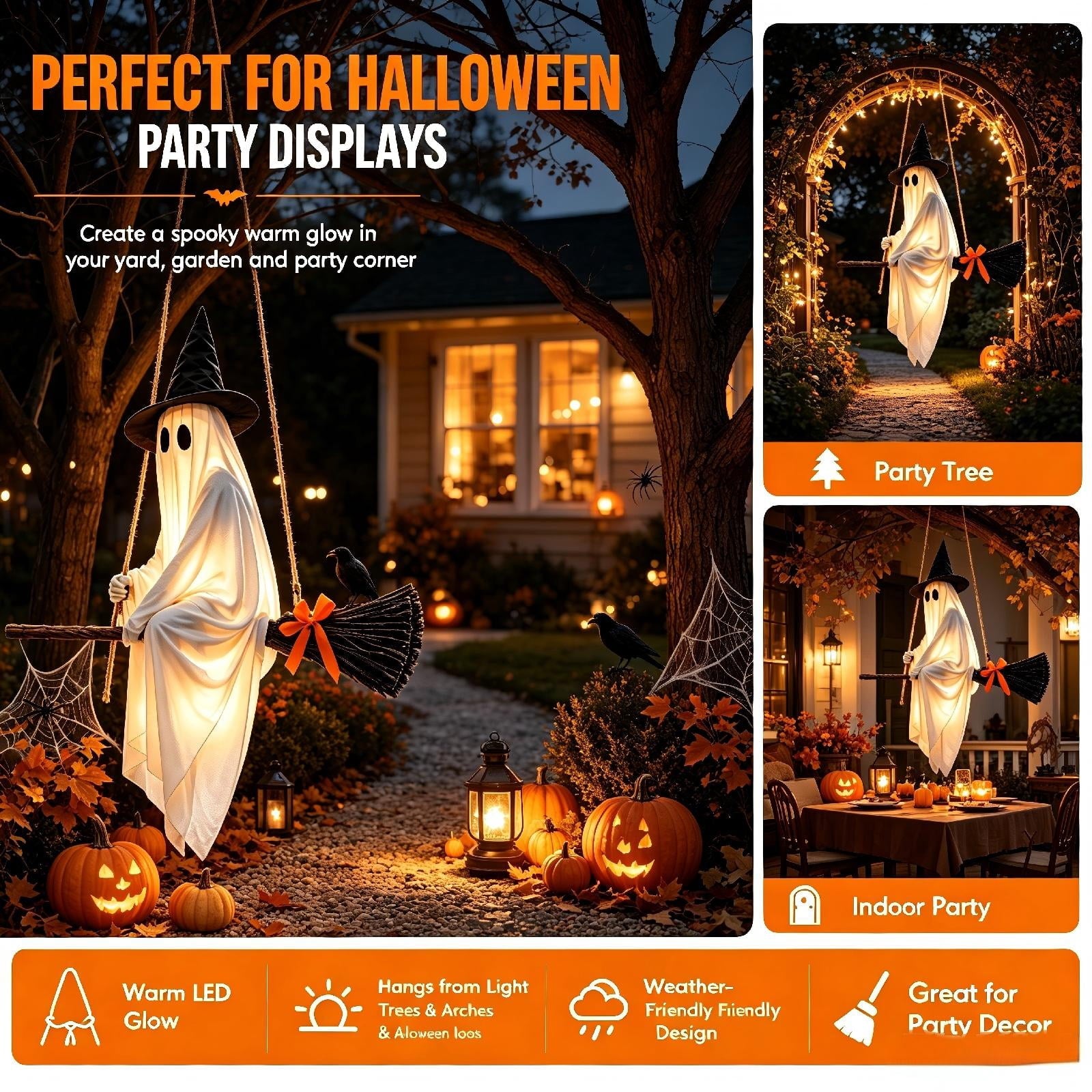 Clearance 5 FT Hanging Ghost Decor,Early Halloween Decorations Light-Up Flying Ghost on Broomstick with Witch Hat, Witch Broom, Spooky Cute Outdoor Halloween Decorations for Front Porch Yard Tree