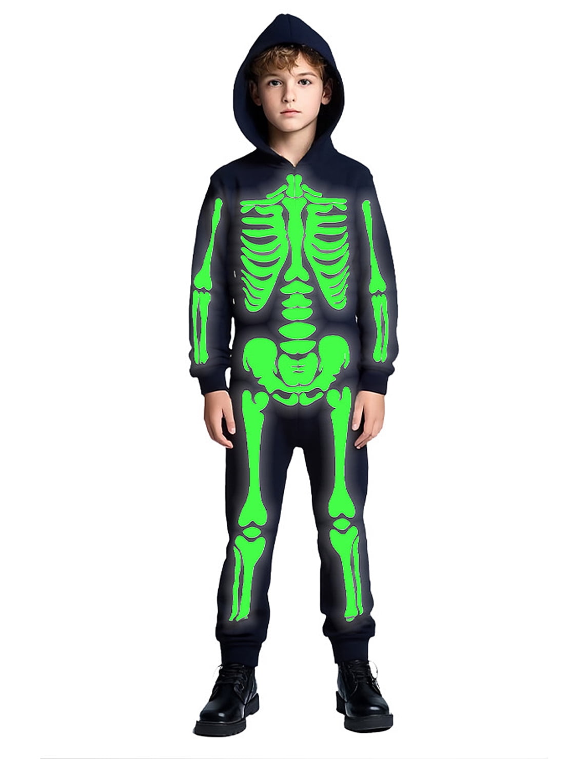 WIBACKER Glow-in-the-Dark Skeleton Costume for Boys and Girls, Halloween Fancy-Dress Jumpsuit Outfit for Children Aged 3-10 Years