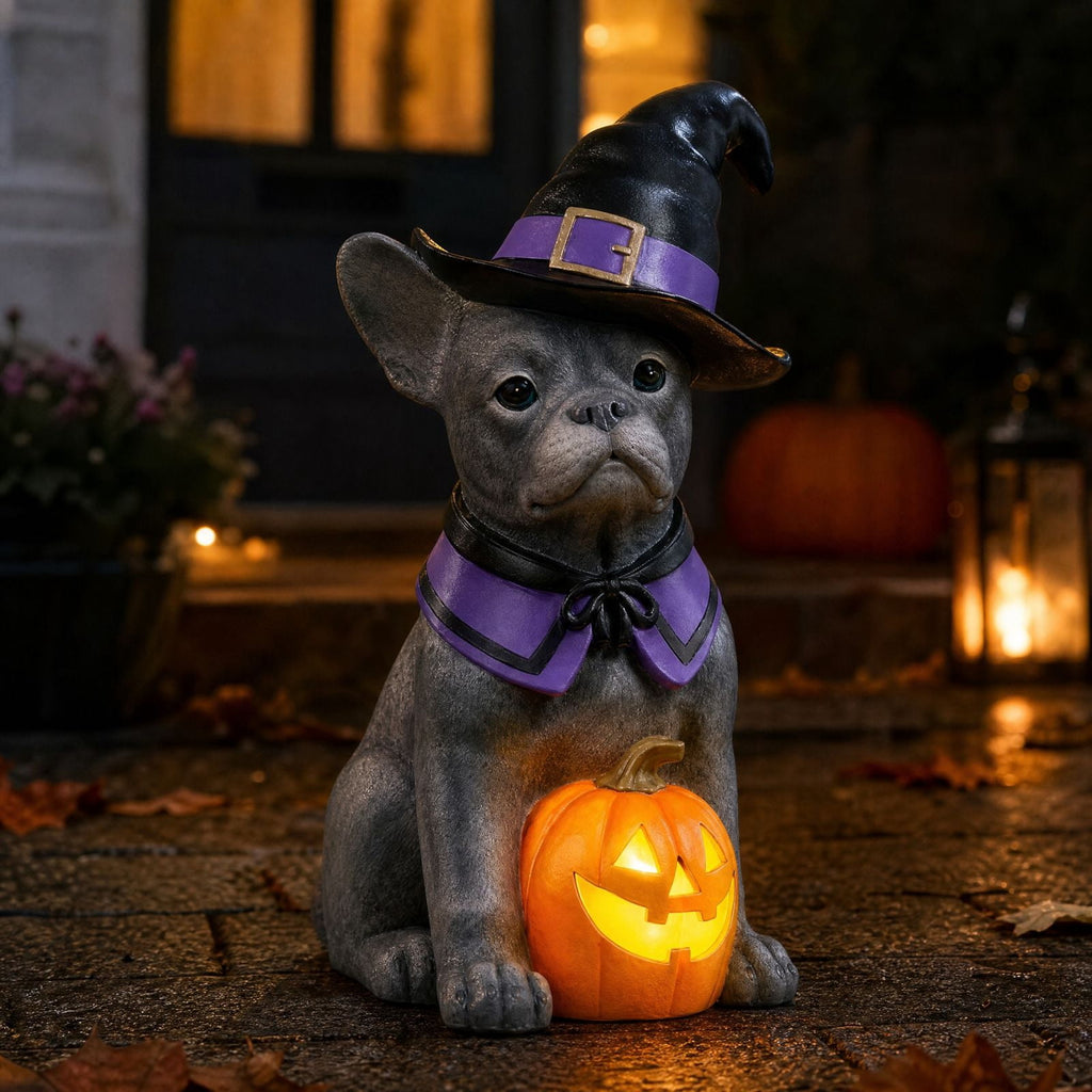 Halloween Dog Greeter - Frenchie 7.9in Resin Witch Dog with Light-Up Pumpkin, Spooky Fall Decor, Indoor Outdoor Tabletop Decoration