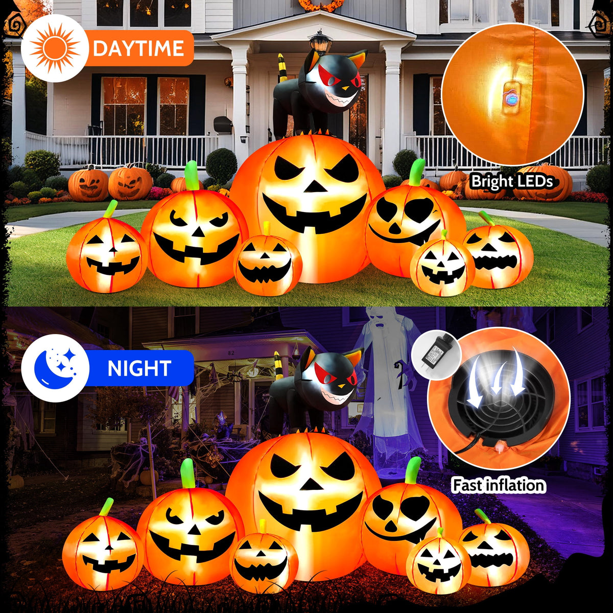 Yexmas 8.7ft Halloween Inflatables Pumpkins 7 Blow Up Decor with Witches Hat, Built-in LED Lights for Halloween Party, Yard, Garden, Lawn