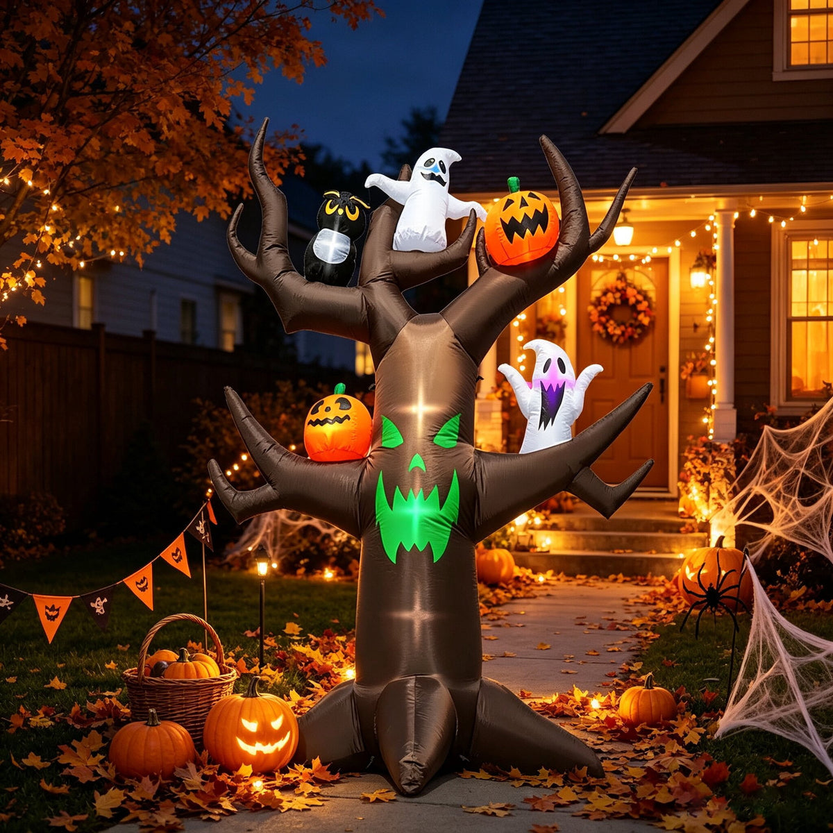 Coolmade 9ft Halloween Inflatable Tree Decoration with pumpkin, Ghost, Owl, Blow up Yard Inflatables with Built-in LEDs for Garden Lawn Indoor Party Decor