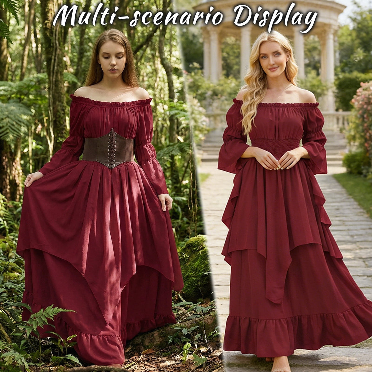 IROOZIGOTO Womens White Medieval Renaissance Maxi Dress Off Shoulder Long Flare Sleeve with Brown Lace Up Corset Belt Halloween Cosplay Costume