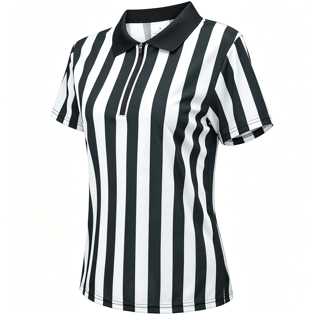 MARTINE MALL 4 Pcs Women Referee Costume Black and White Stripe Ref Shirt Jersey Shorts Referee Hat for Halloween Party Costumes Outfits