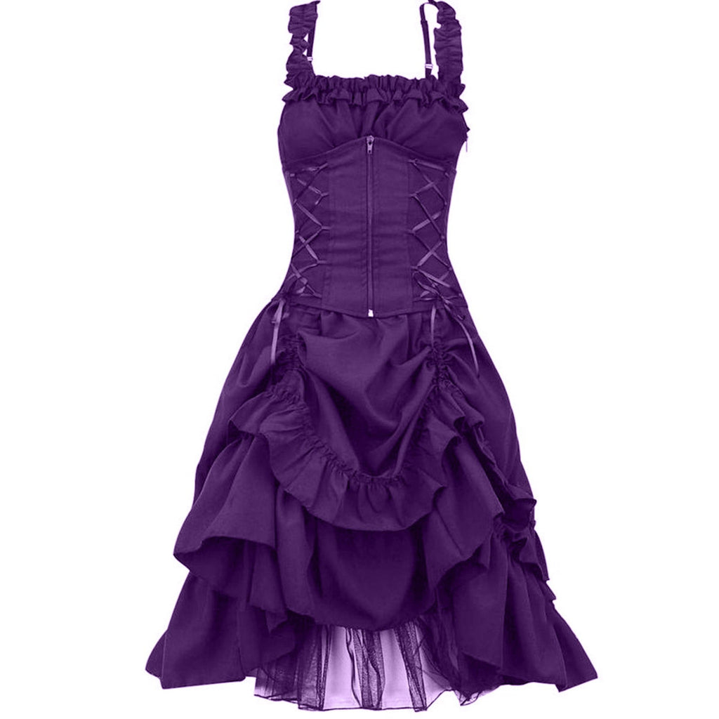 QATAINLAV Women's Gothic Steampunk Dress Renaissance Victorian Lace Up High Low Ruffled Corset Dress Halloween Pirate Costume, Green, S