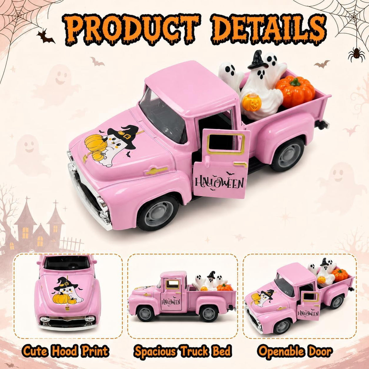 Molumo Halloween Truck Decor - Vintage Pink Pickup Truck with Ghost and Pumpkin Figurines for Halloween Home Tiered Tray Holiday Party Decoration