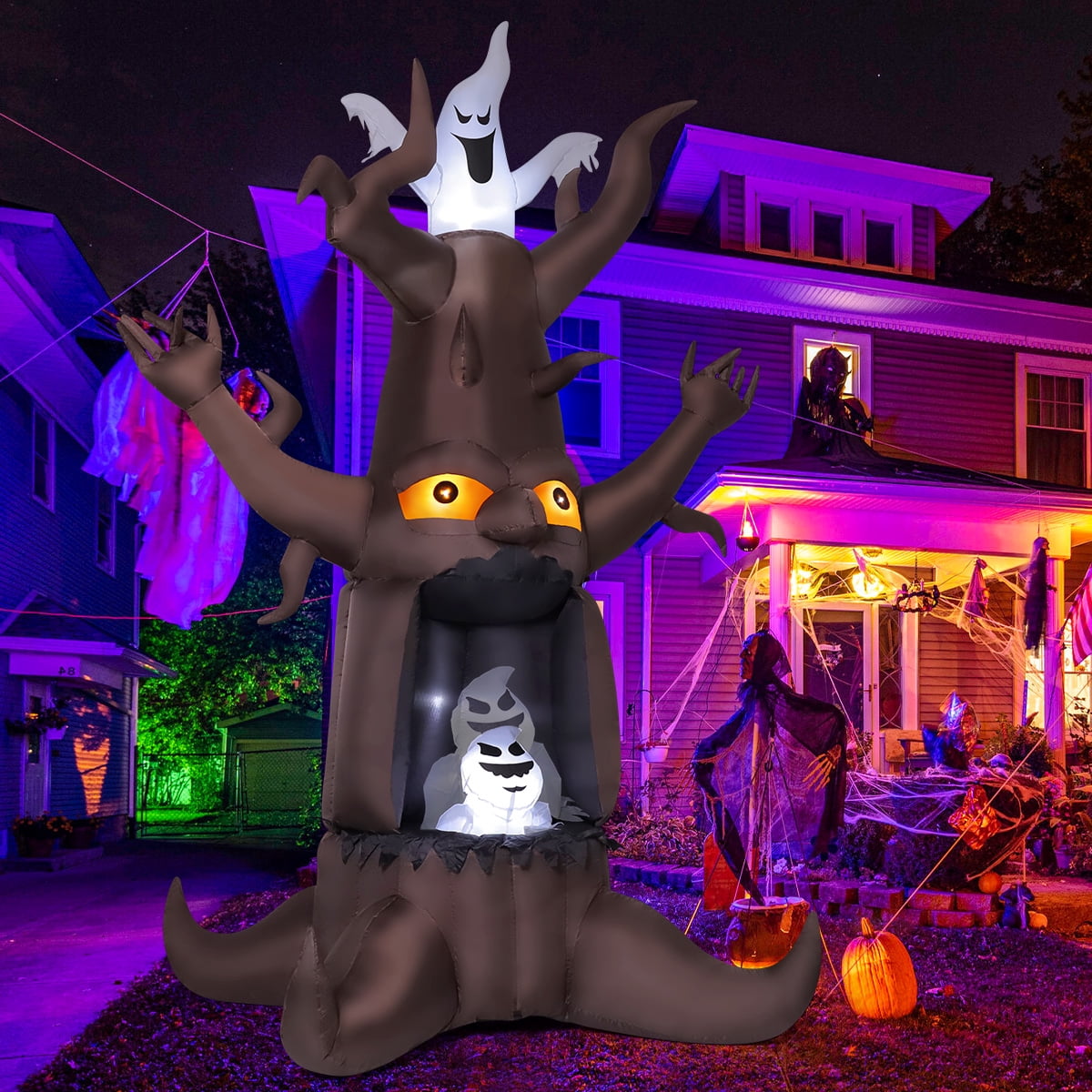 GOOSH Halloween Inflatables 9 FT Animated Halloween Tree Inflatables with Built-in LED lights, Scary Spooky Tree Inflatable with White Ghost, Outdoor Halloween Decorations for Halloween Holiday Party